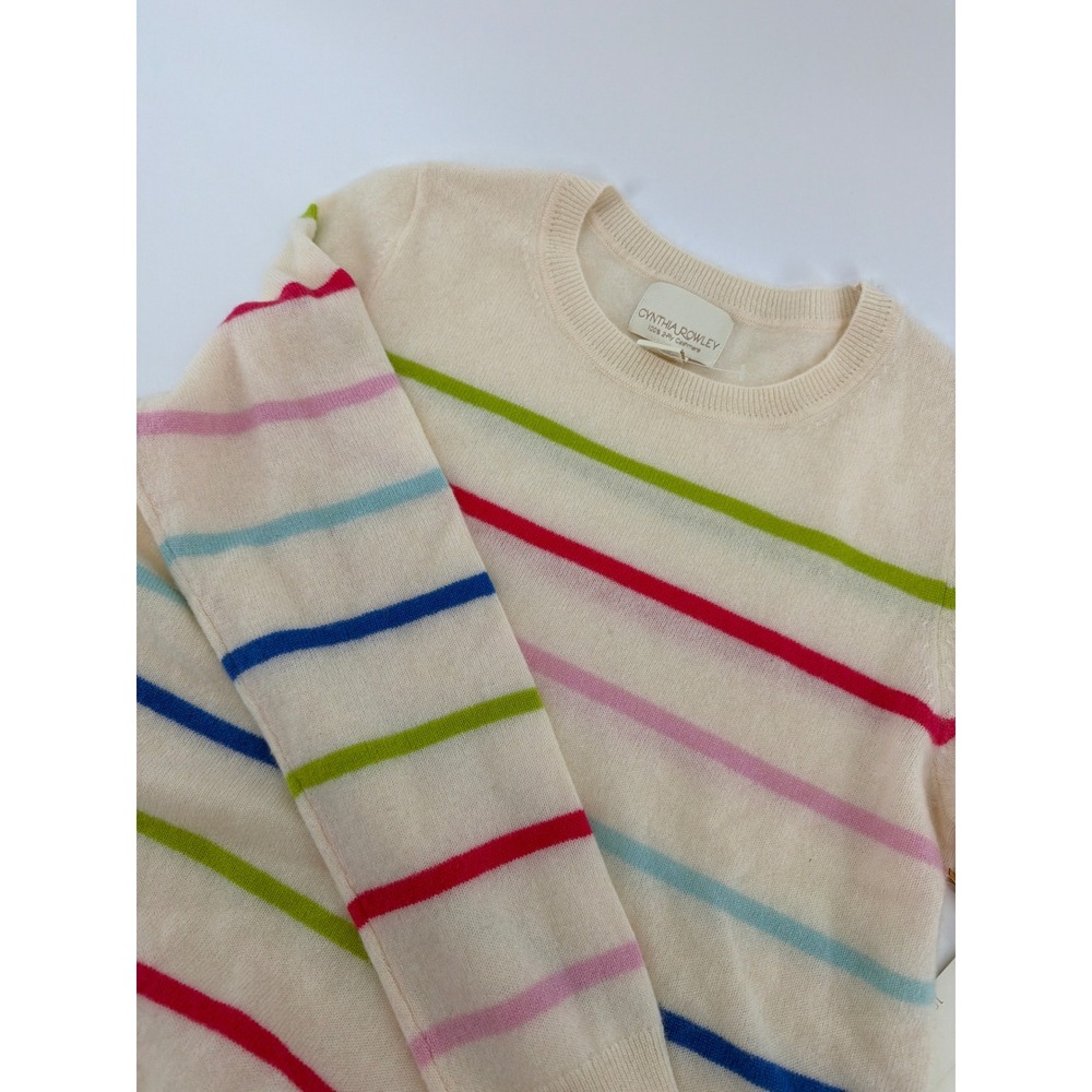 Cynthia Rowley 100% 2-Ply Cashmere Striped Crewneck Sweater Cream Multi Large‎